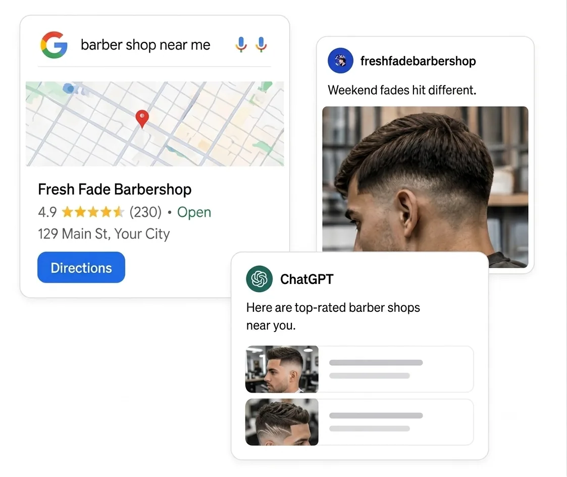 Example of a barber shop appearing on Google, social media, and AI search