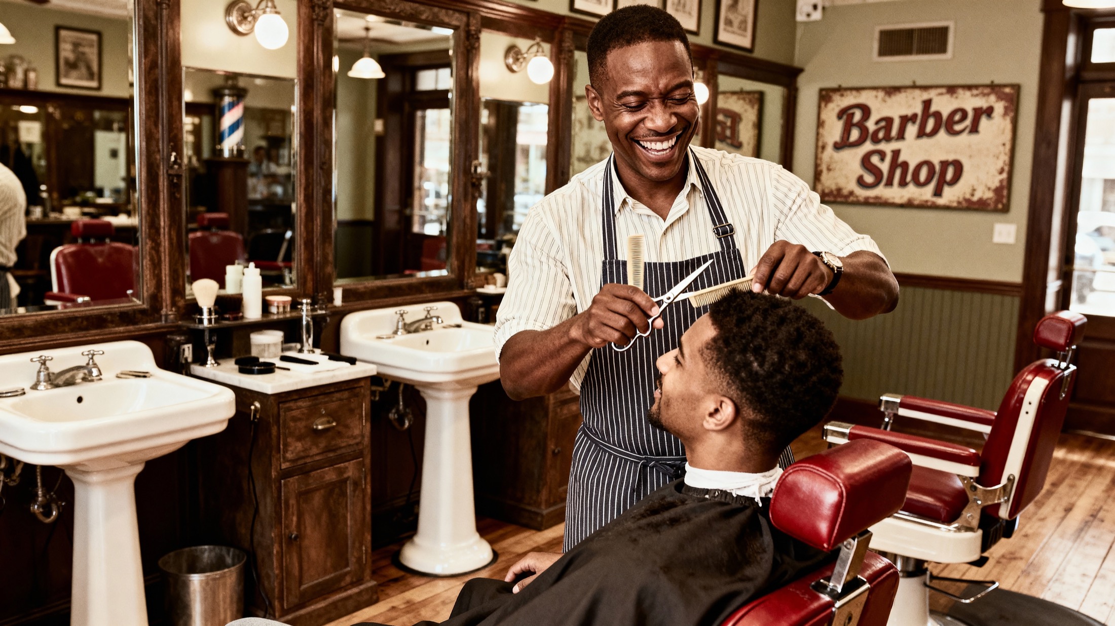 Lead barber giving a client a careful haircut.