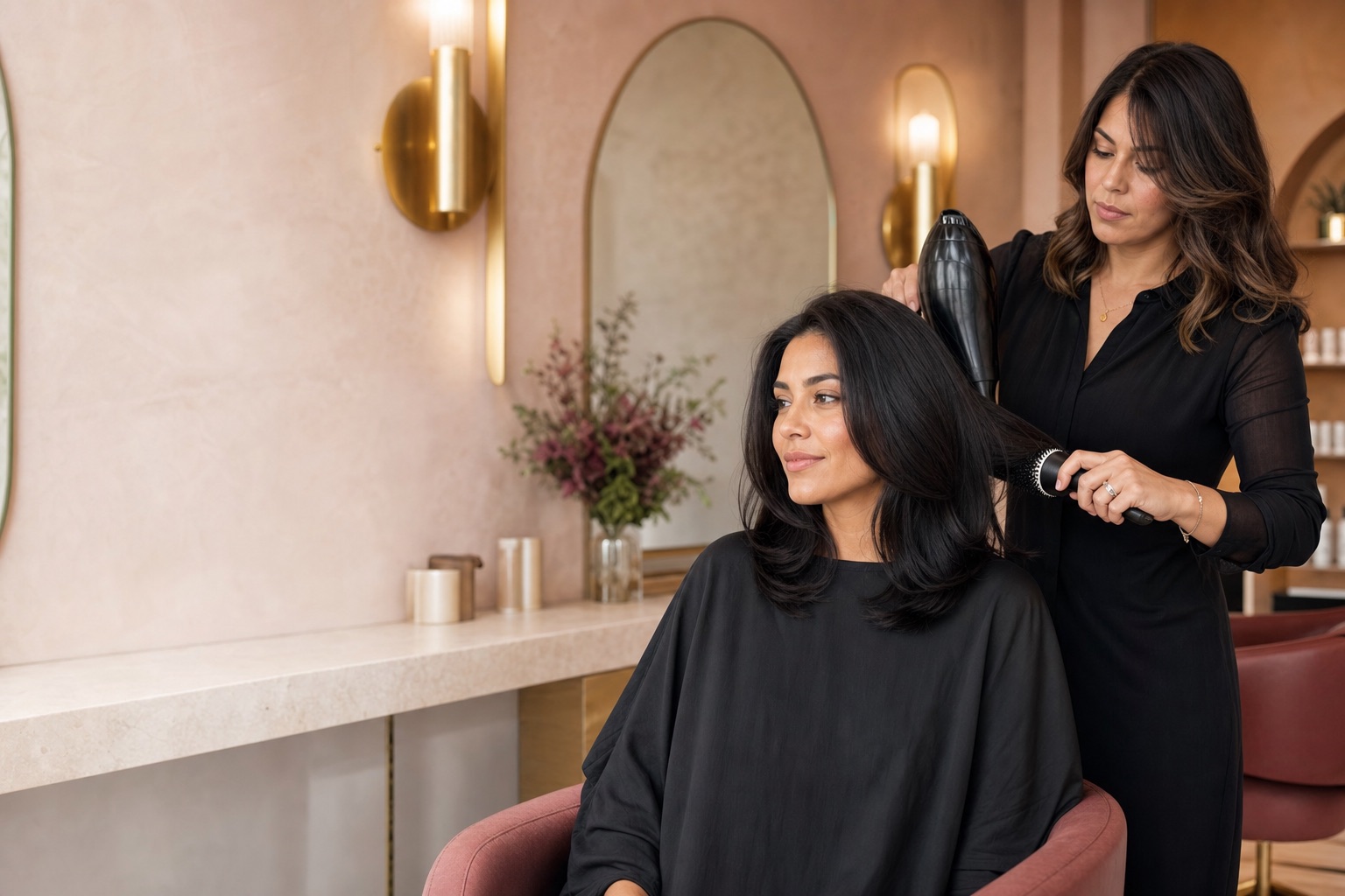 Stylist creating a polished blowout in a warm, modern salon.